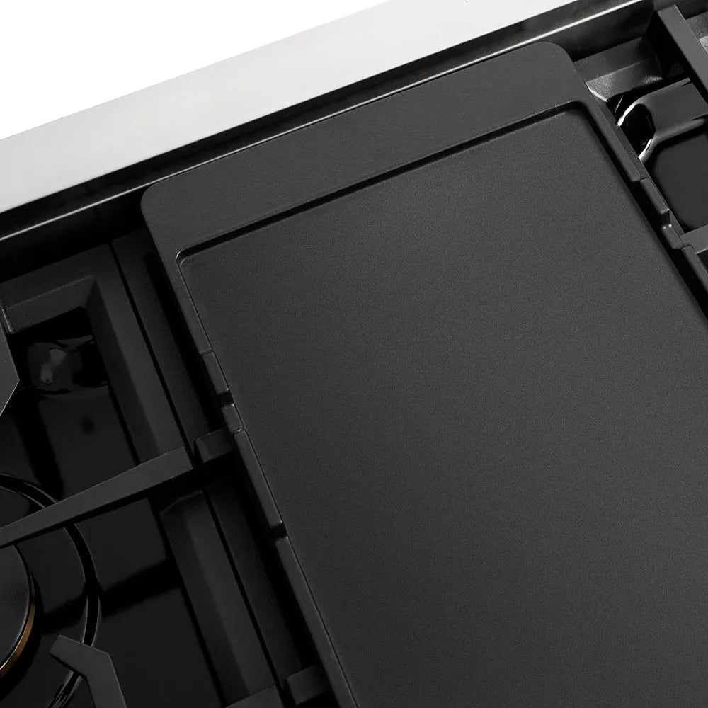 ZLINE 48 in. Classic Gas Rangetop with 8 Burners and Porcelain Cooktop in Stainless Steel (RT48) reversible griddle ribbed side.