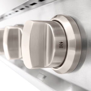 ZLINE 48 in. Classic Gas Rangetop with 8 Brass Burners and Porcelain Cooktop in Stainless Steel with Griddle (RT-BR-GR-48) close-up, knobs.