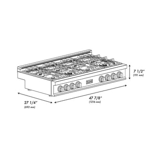 ZLINE 48 in. Classic Gas Rangetop with 8 Brass Burners and Porcelain Cooktop in Stainless Steel with Griddle (RT-BR-GR-48) dimensional diagram.