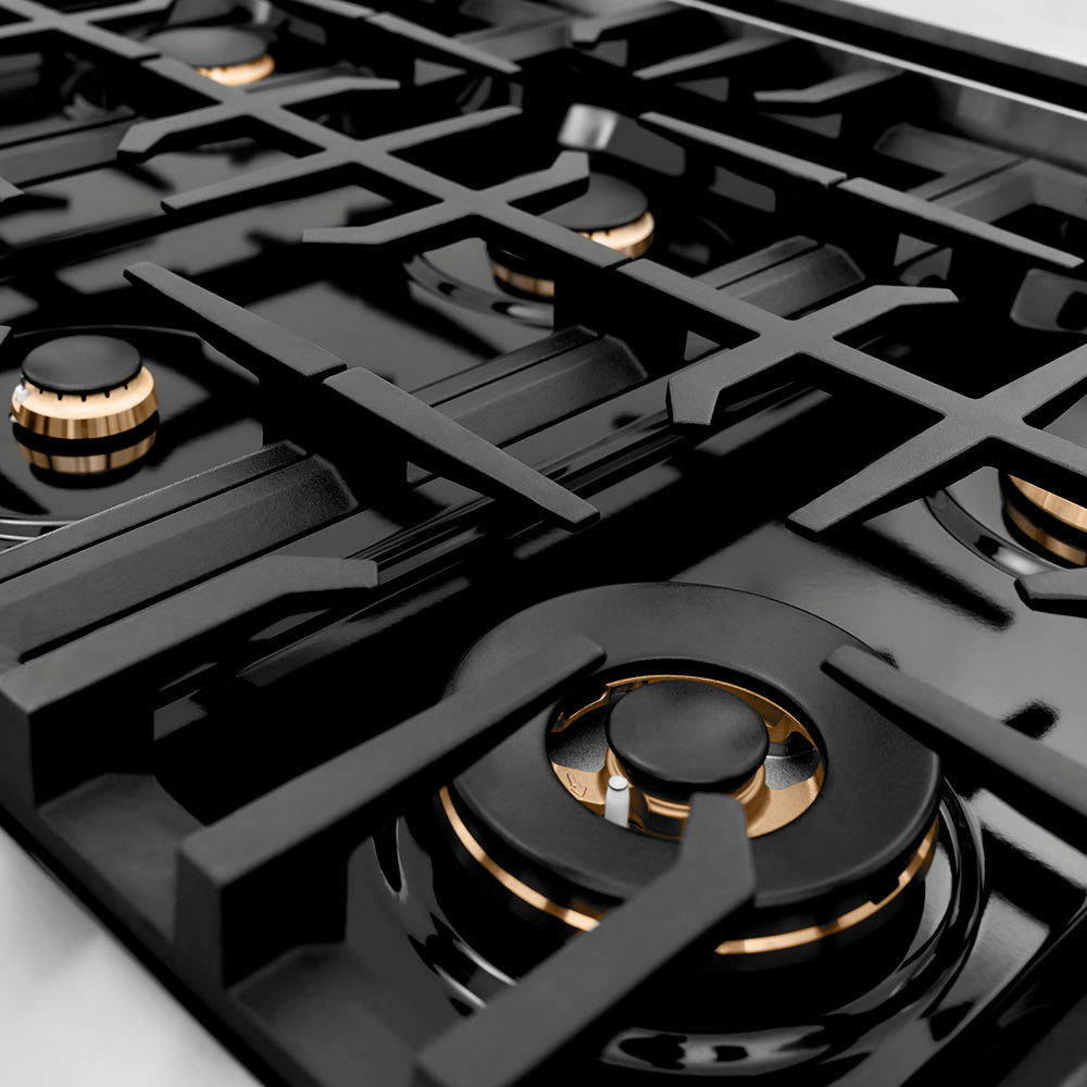 ZLINE 48 in. Classic Gas Rangetop with 8 Brass Burners and Porcelain Cooktop in Stainless Steel with Griddle (RT-BR-GR-48) dual function burner spread and grates.