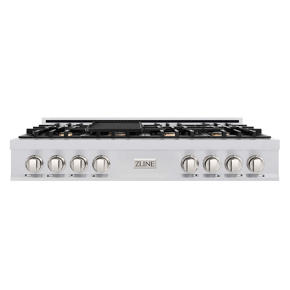 ZLINE 48 in. Classic Gas Rangetop with 8 Brass Burners and Porcelain Cooktop in Stainless Steel with Griddle (RT-BR-GR-48)