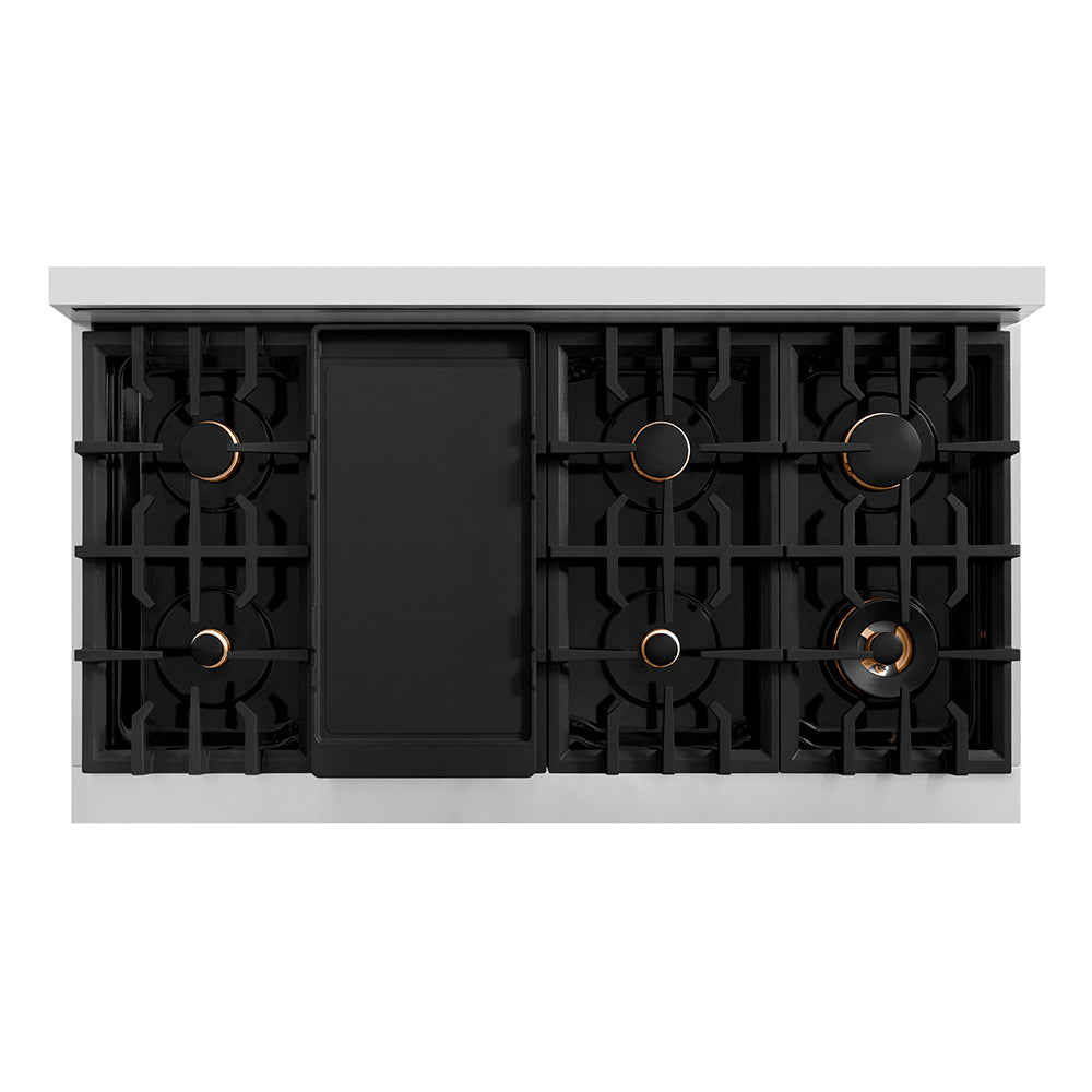 ZLINE 48 in. Classic Gas Rangetop with 8 Brass Burners and Porcelain Cooktop in Stainless Steel with Griddle (RT-BR-GR-48) top-down, above cooktop.