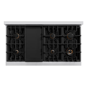 ZLINE 48 in. Classic Gas Rangetop with 8 Brass Burners and Porcelain Cooktop in Stainless Steel with Griddle (RT-BR-GR-48) top-down, above cooktop.