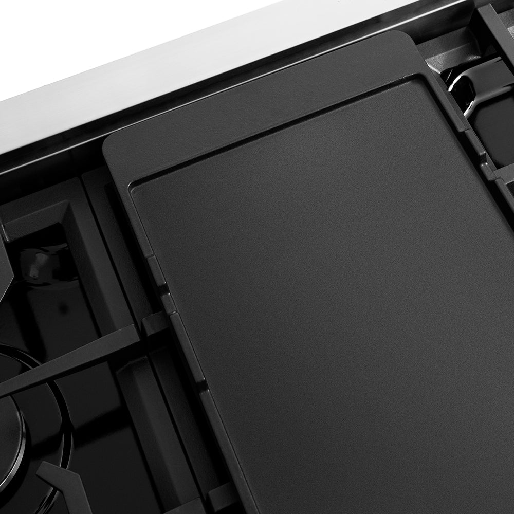 ZLINE 48 in. Classic Gas Rangetop with 8 Burners and Porcelain Cooktop in Stainless Steel with Griddle (RT-GR-48) reversible griddle ribbed side.