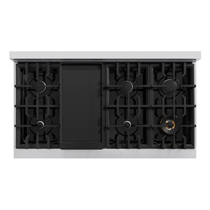 ZLINE 48 in. Classic Gas Rangetop with 8 Burners and Porcelain Cooktop in Stainless Steel with Griddle (RT-GR-48) top-down, above cooktop.