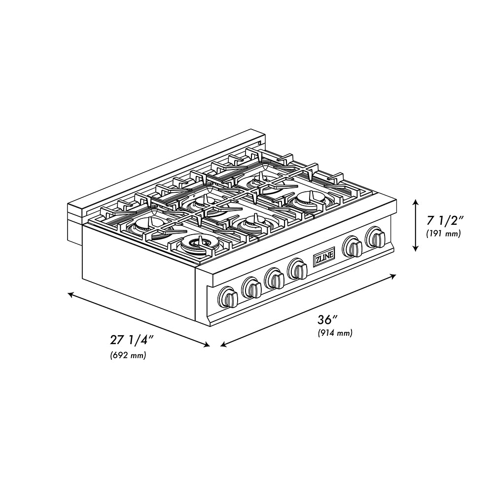 ZLINE Autograph Edition 36 in. Classic Gas Rangetop with 6 Burners and Porcelain Cooktop in Stainless Steel with Champagne Bronze Accents (RTZ-36-CB)