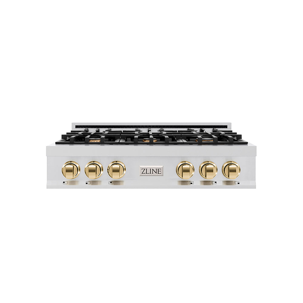 ZLINE Autograph Edition 36 in. Classic Gas Rangetop with 6 Burners and Porcelain Cooktop in Stainless Steel with Polished Gold Accents (RTZ-36-G)