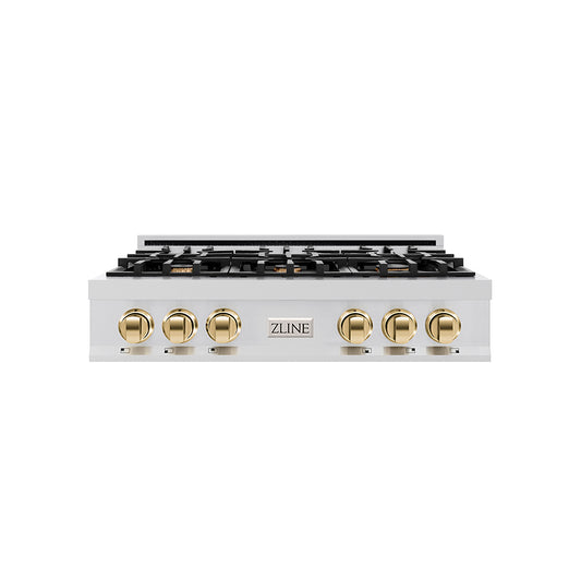 ZLINE Autograph Edition 36 in. Classic Gas Rangetop with 6 Burners and Porcelain Cooktop in Stainless Steel with Polished Gold Accents (RTZ-36-G)