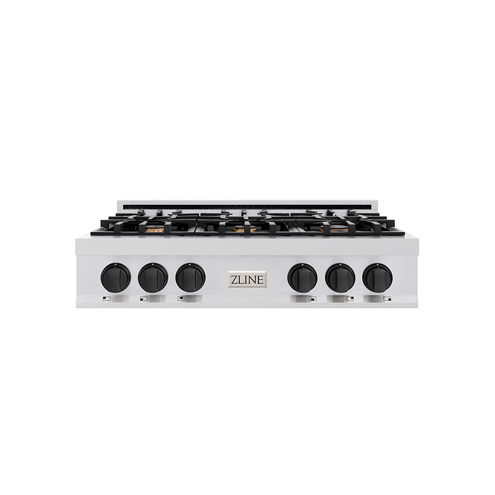ZLINE Autograph Edition 36 in. Classic Gas Rangetop with 6 Burners and Porcelain Cooktop in Stainless Steel with Matte Black Accents (RTZ-36-MB)