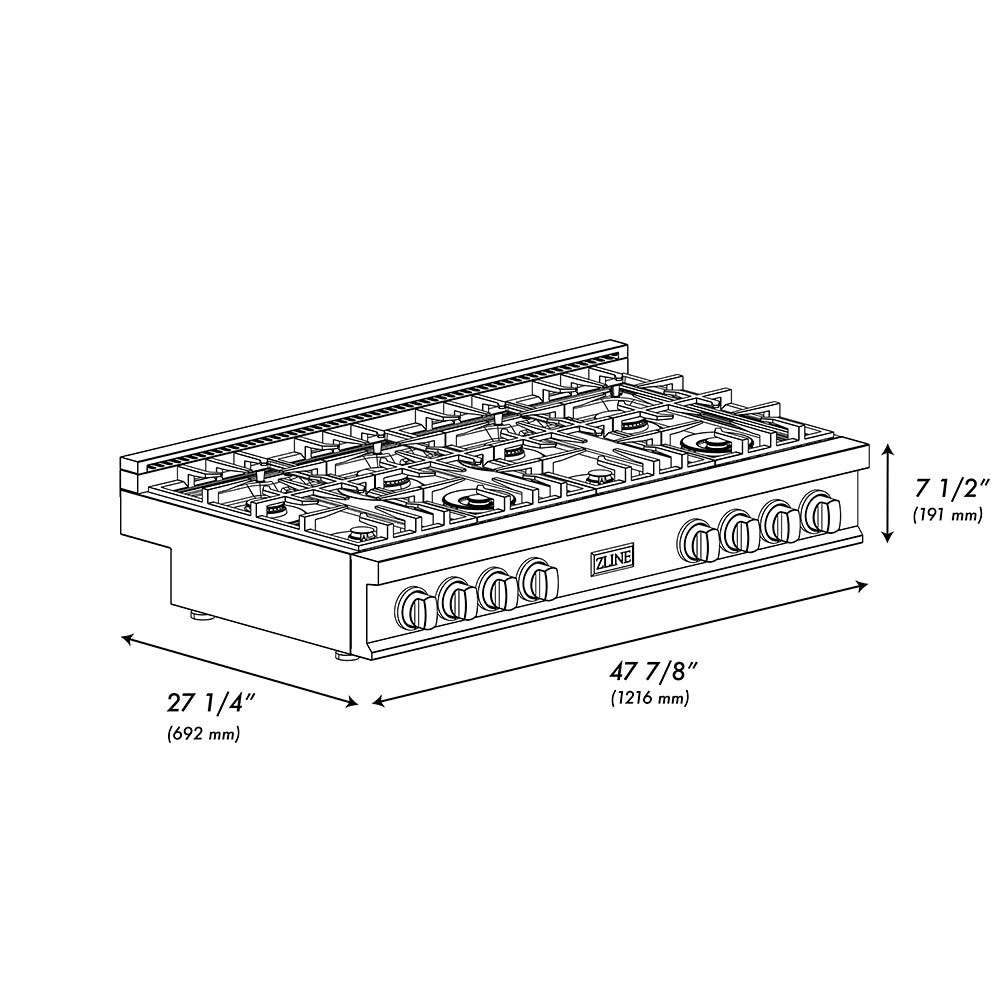 ZLINE Autograph Edition 48 in. Classic Gas Rangetop with 8 Burners and Porcelain Cooktop in Stainless Steel with Champagne Bronze Accents (RTZ-48-CB) dimensional diagram.
