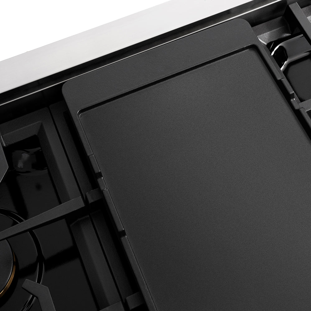 ZLINE Autograph Edition 48 in. Classic Gas Rangetop with 8 Burners and Porcelain Cooktop in Stainless Steel with Matte Black Accents (RTZ-48-MB) reversible griddle ribbed side.