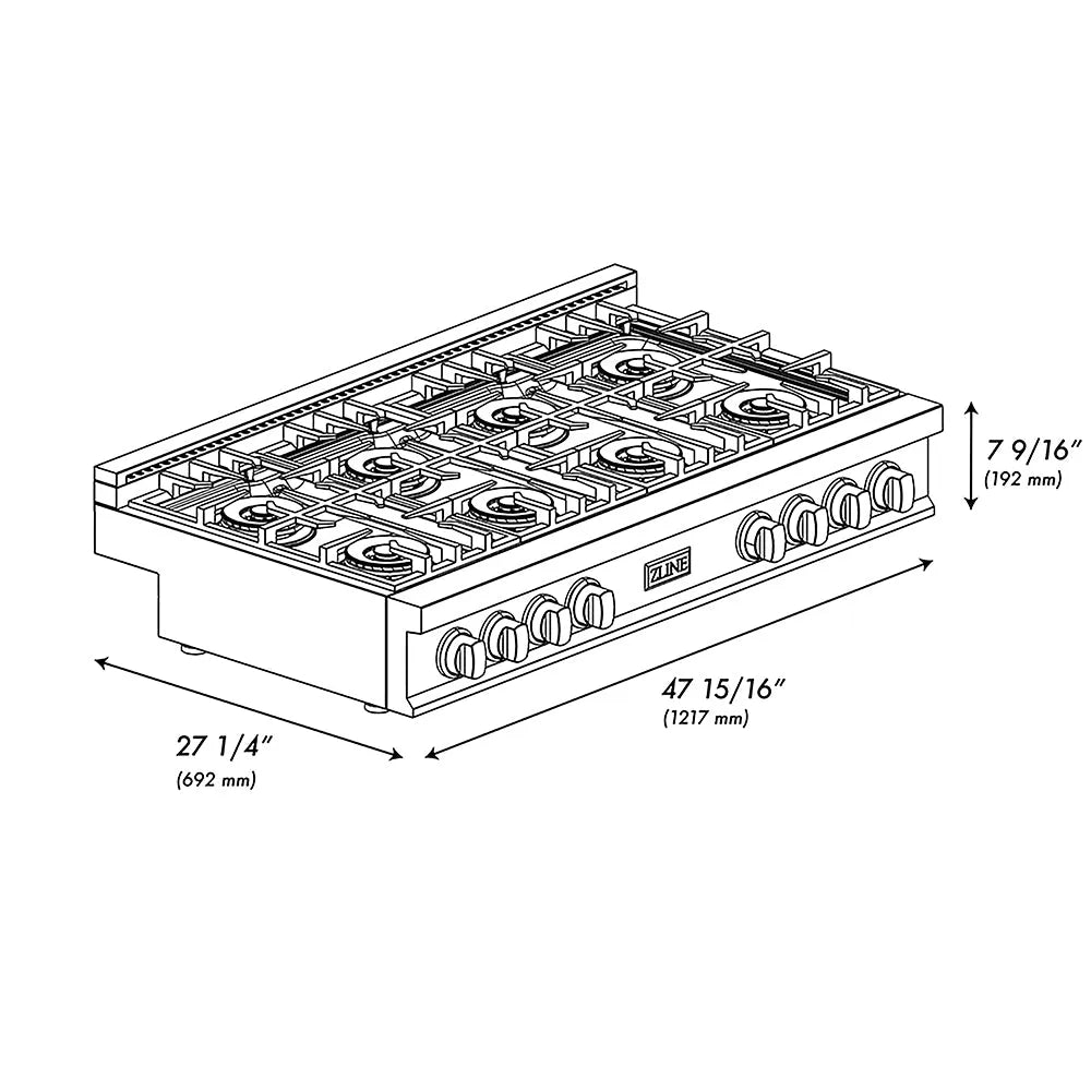 ZLINE Autograph Edition 48 in. Classic Gas Rangetop with 8 Burner DuoPro™ Cooktop in Black Stainless Steel and Champagne Bronze Accents (PCRTBZ-48-CB) dimensional diagram.