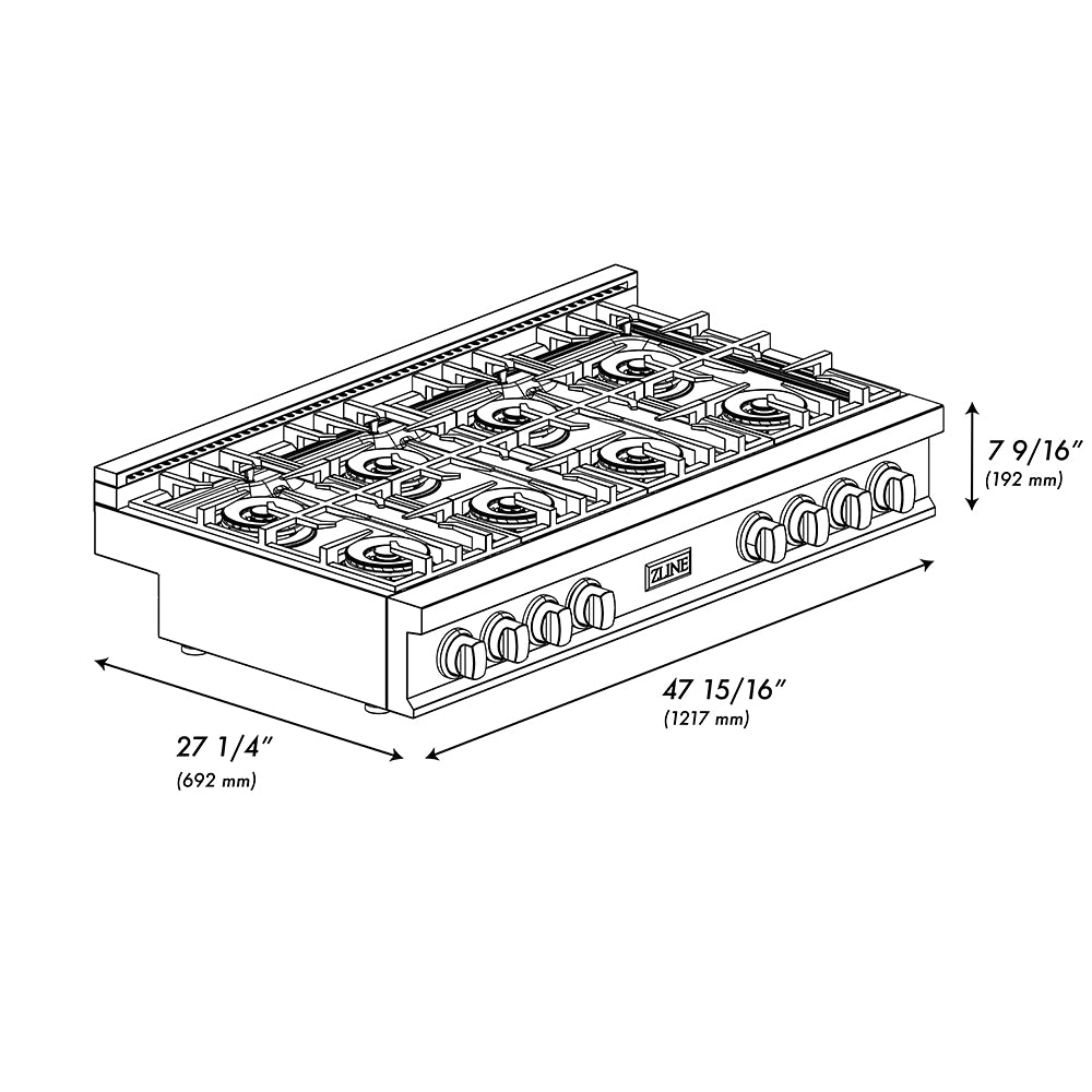 ZLINE 48 in. Classic Gas Rangetop with 8 Burner DuoPro™ Cooktop in Black Stainless Steel (PCRTB-48) dimensional diagram.