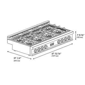 ZLINE Autograph Edition 48 in. Classic Gas Rangetop with 8 Burner DuoPro™ Cooktop in Satin Stainless Steel and Matte Black Accents (PCRTSZ-48-MB) dimensional diagram.