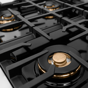 ZLINE Autograph Edition 30 in. Classic Gas Rangetop with 4 Burner DuoPro™ Cooktop in Stainless Steel and Champagne Bronze Accents (PCRTZ-30-CB) close-up, DuoPro™ brass burner.