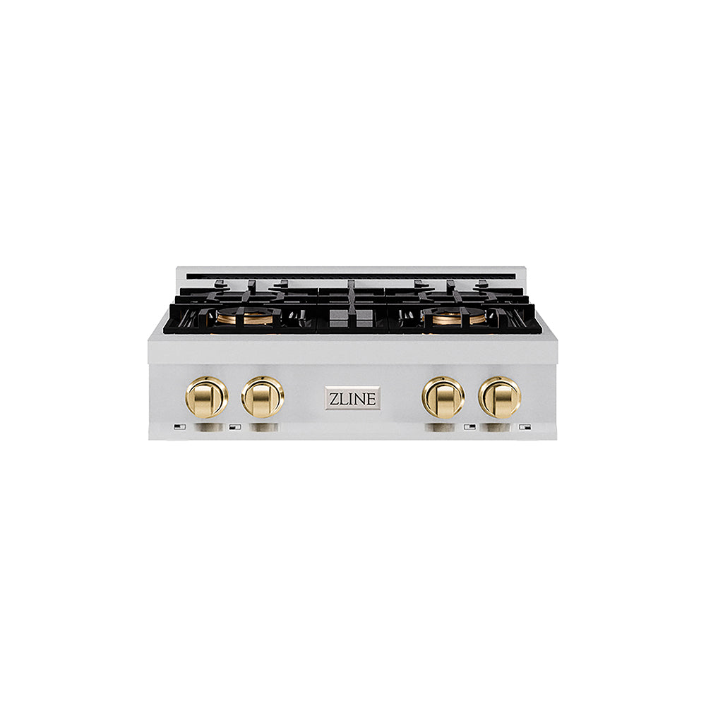 ZLINE Autograph Edition 30 in. Classic Gas Rangetop with 4 Burner DuoPro™ Cooktop in Stainless Steel and Polished Gold Accents (PCRTZ-30-G)
