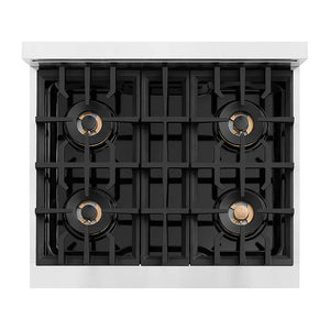 ZLINE Autograph Edition 30 in. Classic Gas Rangetop with 4 Burner DuoPro™ Cooktop in Stainless Steel and Polished Gold Accents (PCRTZ-30-G) top-down, above cooktop.