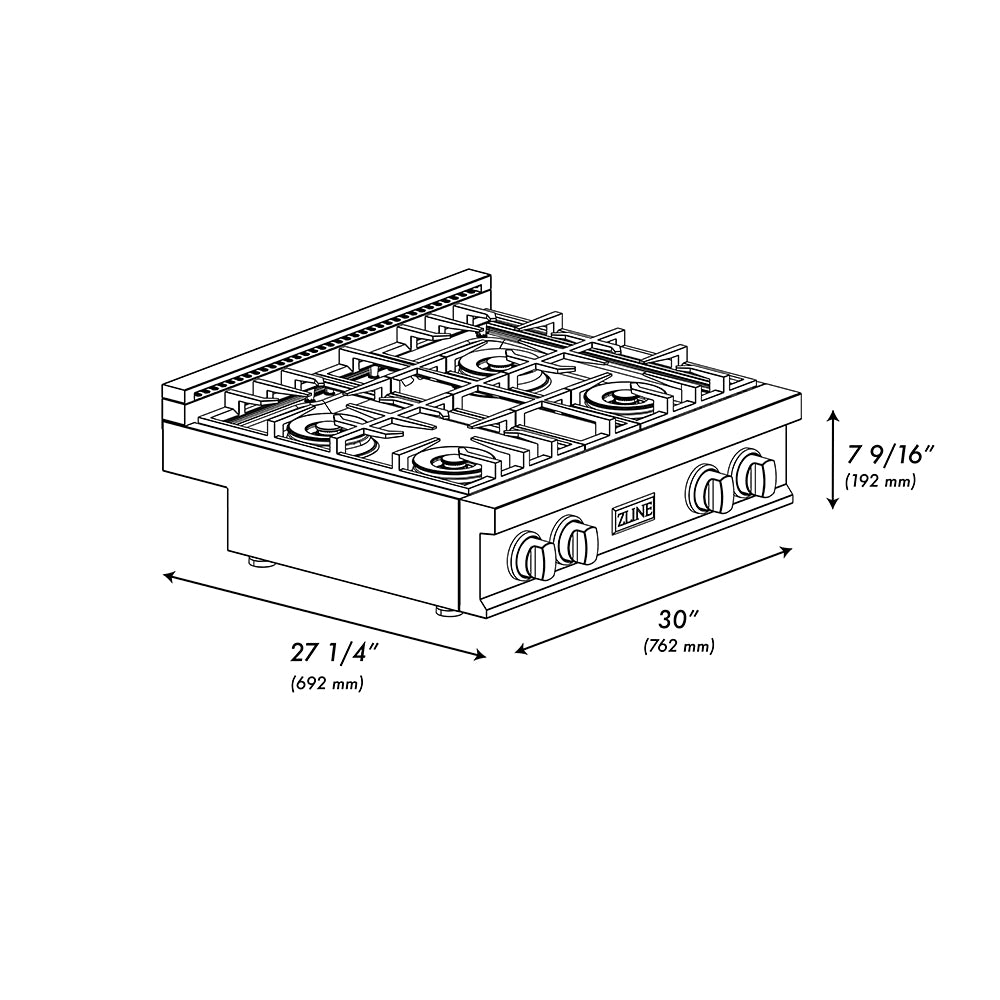 ZLINE Autograph Edition 30 in. Classic Gas Rangetop with 4 Burner DuoPro™ Cooktop in Stainless Steel and Matte Black Accents (PCRTZ-30-MB) dimensional diagram.