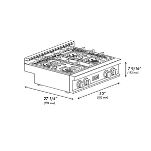ZLINE Autograph Edition 30 in. Classic Gas Rangetop with 4 Burner DuoPro™ Cooktop in Stainless Steel and Matte Black Accents (PCRTZ-30-MB) dimensional diagram.
