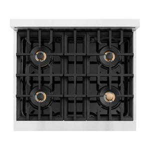 ZLINE Autograph Edition 30 in. Classic Gas Rangetop with 4 Burner DuoPro™ Cooktop in Stainless Steel and Matte Black Accents (PCRTZ-30-MB) top-down, above cooktop.