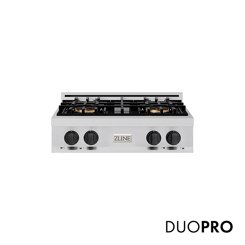 ZLINE Autograph Edition 30 in. Classic Gas Rangetop with 4 Burner DuoPro™ Cooktop in Stainless Steel and Matte Black Accents (PCRTZ-30-MB)