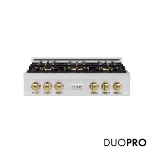 ZLINE Autograph Edition 36 in. Classic Gas Rangetop with 6 Burner DuoPro™ Cooktop in Stainless Steel and Champagne Bronze Accents (PCRTZ-36-CB)
