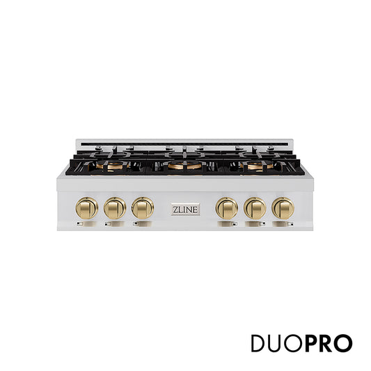 ZLINE Autograph Edition 36 in. Classic Gas Rangetop with 6 Burner DuoPro™ Cooktop in Stainless Steel and Champagne Bronze Accents (PCRTZ-36-CB)