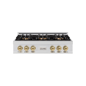 ZLINE Autograph Edition 36 in. Classic Gas Rangetop with 6 Burner DuoPro™ Cooktop in Stainless Steel and Champagne Bronze Accents (PCRTZ-36-CB)