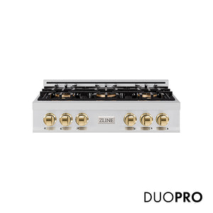 ZLINE Autograph Edition 36 in. Classic Gas Rangetop with 6 Burner DuoPro™ Cooktop in Stainless Steel and Polished Gold Accents (PCRTZ-36-G)