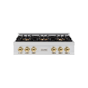 ZLINE Autograph Edition 36 in. Classic Gas Rangetop with 6 Burner DuoPro™ Cooktop in Stainless Steel and Polished Gold Accents (PCRTZ-36-G)