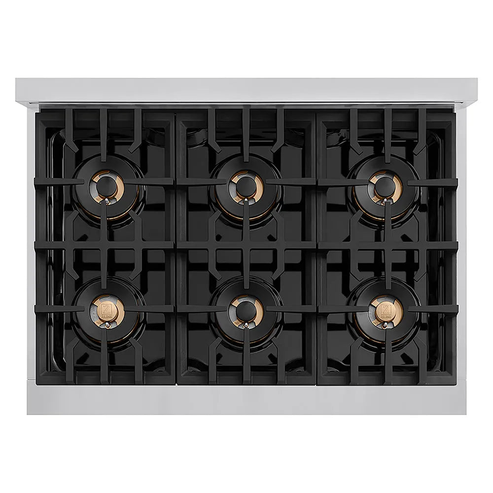 ZLINE Autograph Edition 36 in. Classic Gas Rangetop with 6 Burner DuoPro™ Cooktop in Stainless Steel and Polished Gold Accents (PCRTZ-36-G) top-down, above cooktop.