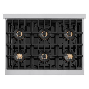 ZLINE Autograph Edition 36 in. Classic Gas Rangetop with 6 Burner DuoPro™ Cooktop in Stainless Steel and Polished Gold Accents (PCRTZ-36-G) top-down, above cooktop.