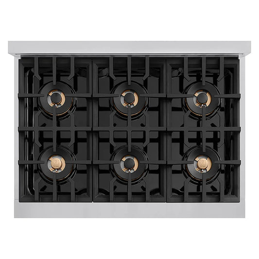 ZLINE Autograph Edition 36 in. Classic Gas Rangetop with 6 Burner DuoPro™ Cooktop in Stainless Steel and Polished Gold Accents (PCRTZ-36-G) top-down, above cooktop.