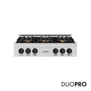 ZLINE Autograph Edition 36 in. Classic Gas Rangetop with 6 Burner DuoPro™ Cooktop in Stainless Steel and Matte Black Accents (PCRTZ-36-MB)