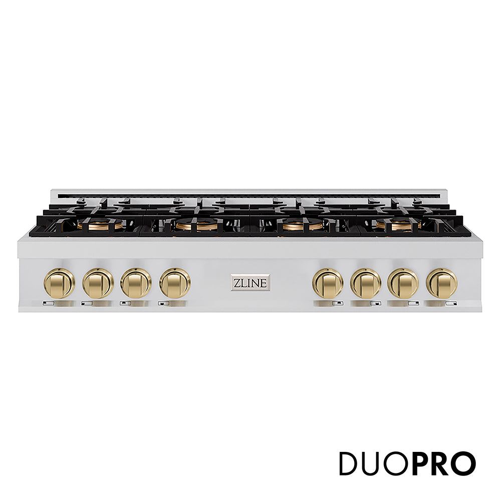 ZLINE Autograph Edition 48 in. Classic Gas Rangetop with 8 Burner DuoPro™ Cooktop in Stainless Steel and Champagne Bronze Accents (PCRTZ-48-CB)