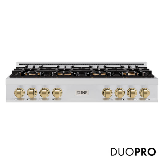 ZLINE Autograph Edition 48 in. Classic Gas Rangetop with 8 Burner DuoPro™ Cooktop in Stainless Steel and Champagne Bronze Accents (PCRTZ-48-CB)