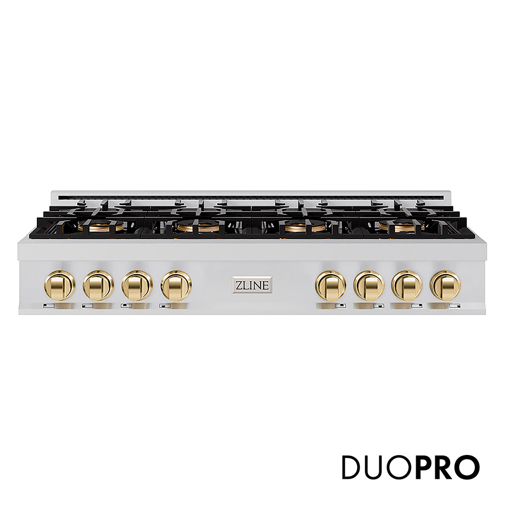 ZLINE Autograph Edition 48 in. Classic Gas Rangetop with 8 Burner DuoPro™ Cooktop in Stainless Steel and Polished Gold Accents (PCRTZ-48-G)