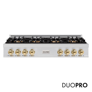 ZLINE Autograph Edition 48 in. Classic Gas Rangetop with 8 Burner DuoPro™ Cooktop in Stainless Steel and Polished Gold Accents (PCRTZ-48-G)