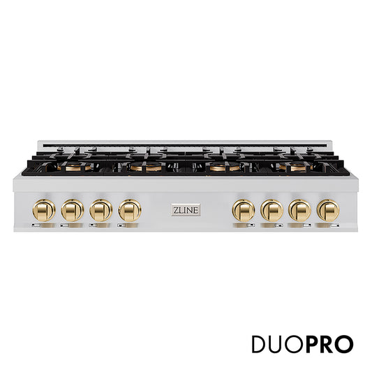 ZLINE Autograph Edition 48 in. Classic Gas Rangetop with 8 Burner DuoPro™ Cooktop in Stainless Steel and Polished Gold Accents (PCRTZ-48-G)