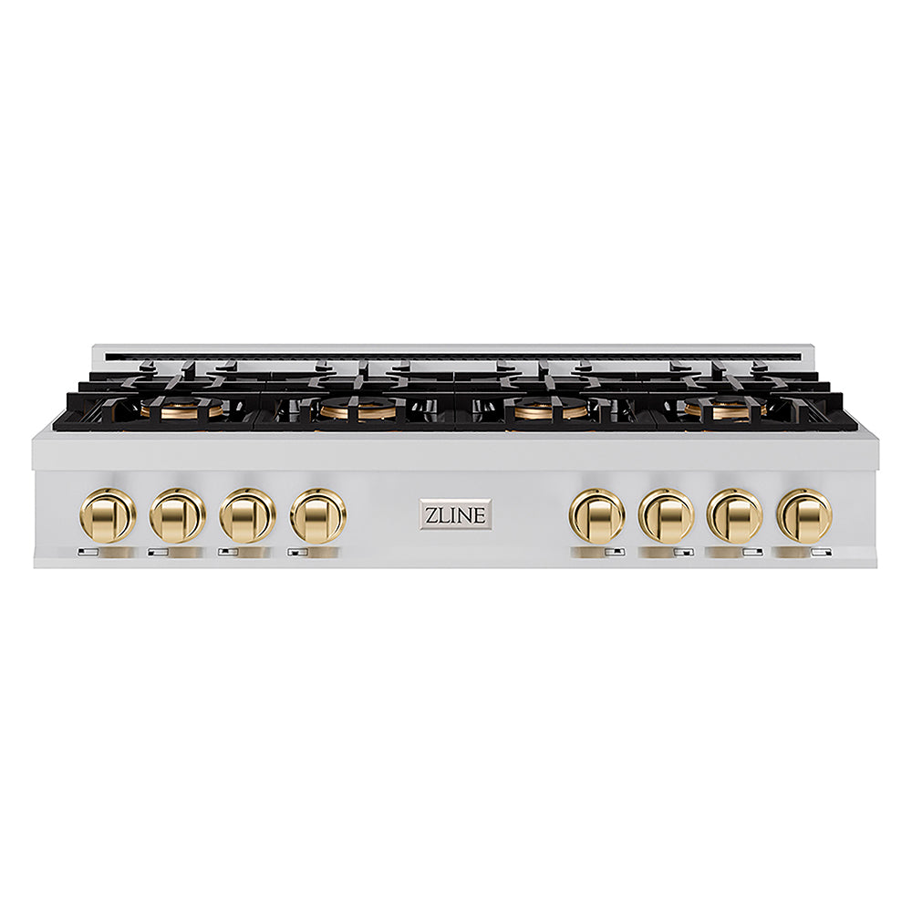 ZLINE Autograph Edition 48 in. Classic Gas Rangetop with 8 Burner DuoPro™ Cooktop in Stainless Steel and Polished Gold Accents (PCRTZ-48-G)