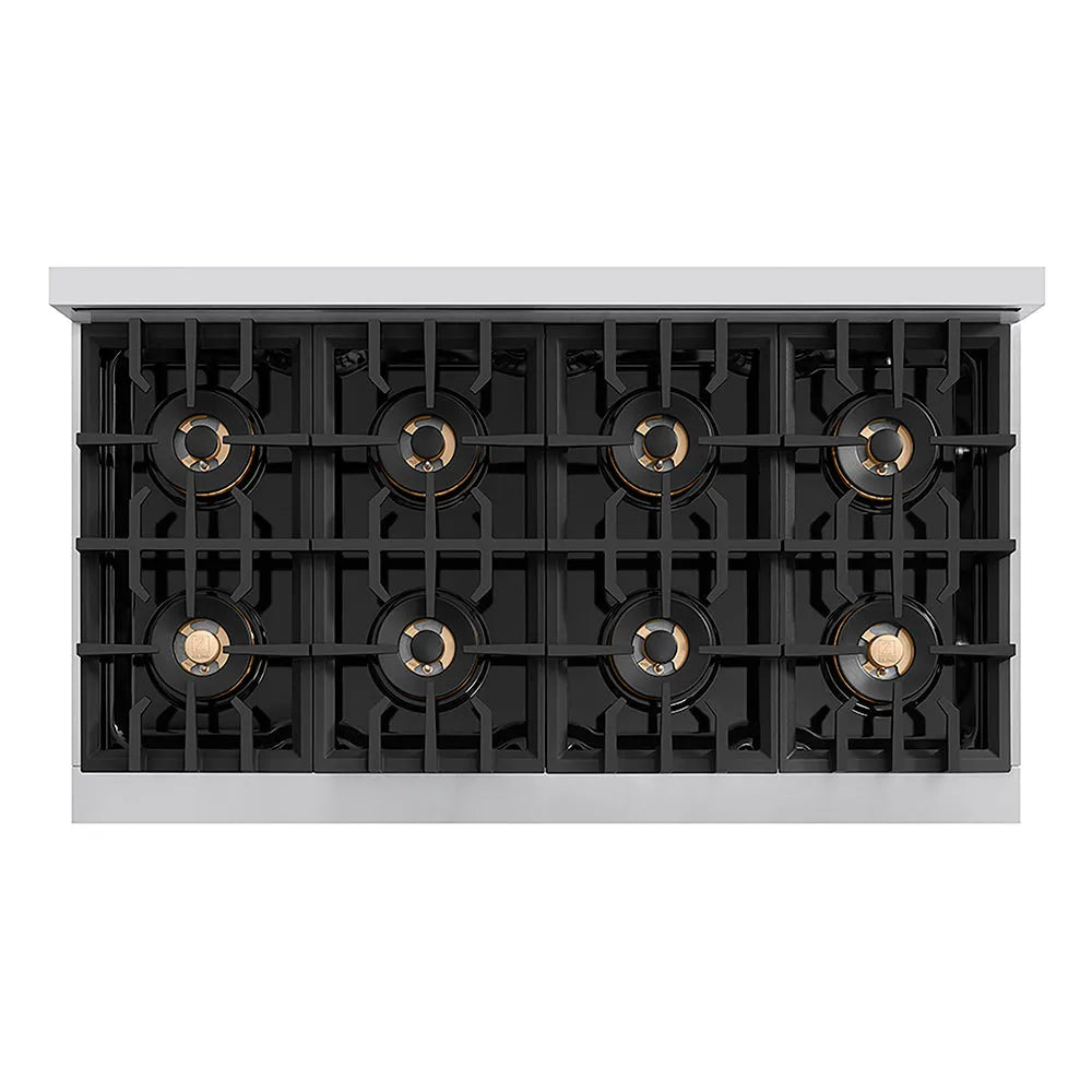 ZLINE Autograph Edition 48 in. Classic Gas Rangetop with 8 Burner DuoPro™ Cooktop in Stainless Steel and Matte Black Accents (PCRTZ-48-MB) top-down, above cooktop.