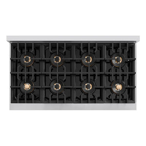 ZLINE Autograph Edition 48 in. Classic Gas Rangetop with 8 Burner DuoPro™ Cooktop in Stainless Steel and Matte Black Accents (PCRTZ-48-MB) top-down, above cooktop.