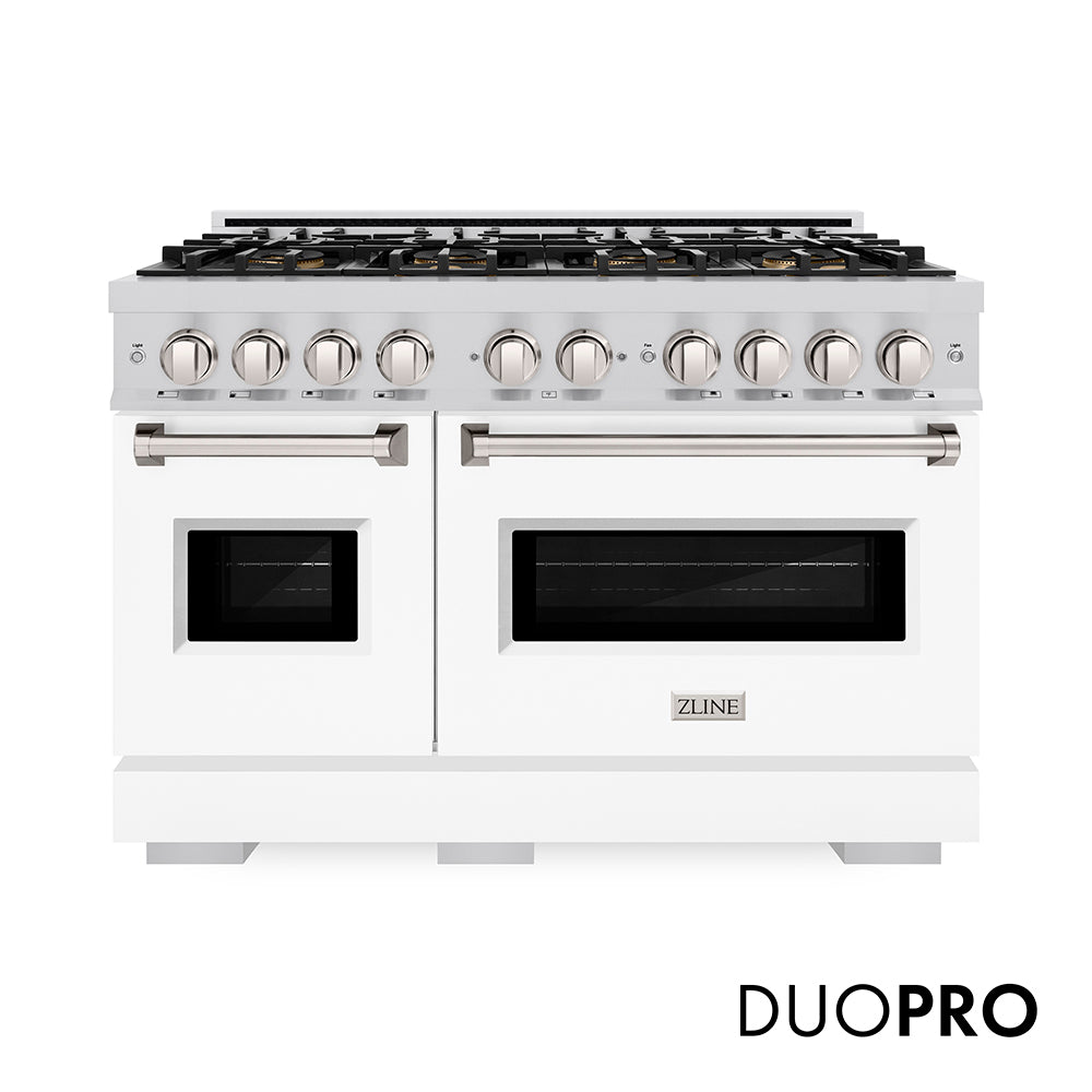 ZLINE 48 in. 6.7 cu. ft. Classic Gas Range with 8 Burner DuoPro™ Cooktop and Dual Ovens with White Matte Doors (PCGR-WM-48) front, with DuoPro™ logo.