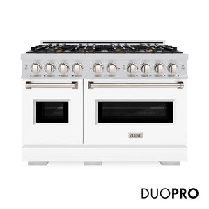 ZLINE 48 in. 6.7 cu. ft. Classic Gas Range with 8 Burner DuoPro™ Cooktop and Dual Ovens with White Matte Doors (PCGR-WM-48) front, with DuoPro™ logo.