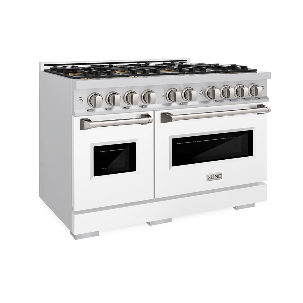 ZLINE 48 in. 6.7 cu. ft. Classic Gas Range with 8 Burner DuoPro™ Cooktop and Dual Ovens with White Matte Doors (PCGR-WM-48) side.
