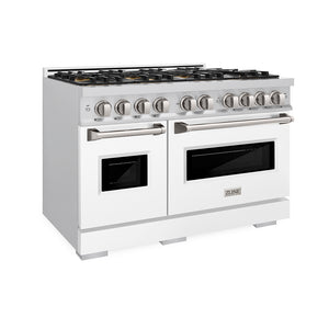 ZLINE 48 in. 6.7 cu. ft. Classic Gas Range with 8 Burner DuoPro™ Cooktop and Dual Ovens with White Matte Doors (PCGR-WM-48) side.