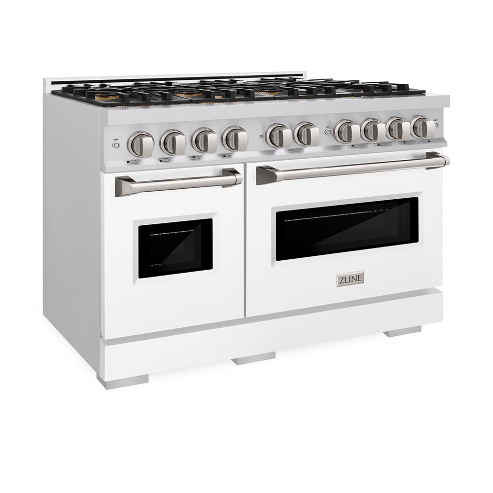 ZLINE 48 in. 6.7 cu. ft. Classic Gas Range with 8 Burner DuoPro™ Cooktop and Dual Ovens with White Matte Doors (PCGR-WM-48) side, oven closed.