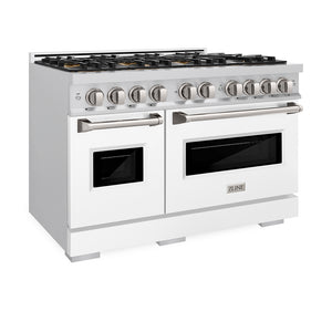 ZLINE 48 in. 6.7 cu. ft. Classic Gas Range with 8 Burner DuoPro™ Cooktop and Dual Ovens with White Matte Doors (PCGR-WM-48) side, oven closed.