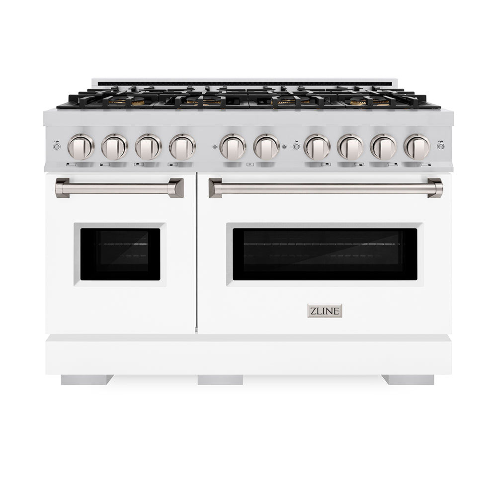 ZLINE 48 in. 6.7 cu. ft. Classic Gas Range with 8 Burner DuoPro™ Cooktop and Dual Ovens with White Matte Doors (PCGR-WM-48) front, oven closed.