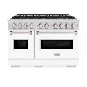 ZLINE 48 in. 6.7 cu. ft. Classic Gas Range with 8 Burner DuoPro™ Cooktop and Dual Ovens with White Matte Doors (PCGR-WM-48) front, oven closed.